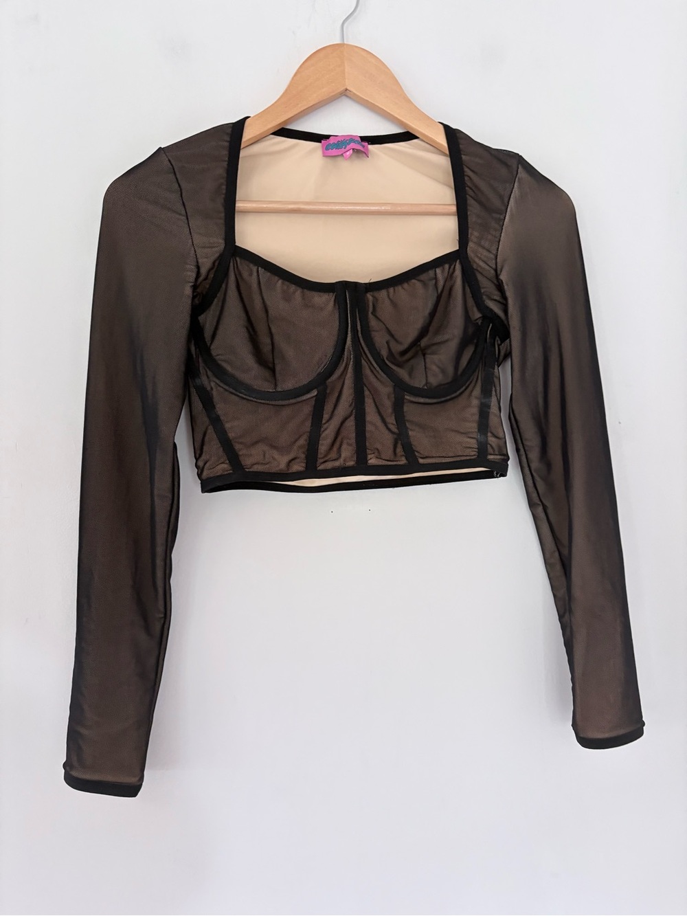 EDIKTED Megan Corset Boning Crop LS Top Black Mesh Nude Underwire Accent NWOT M - Picture 14 of 14